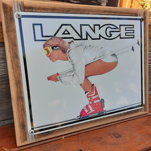 Vintage Lange Ski Boots Metal Sign Barn Wood Frame FREE SHIPPING