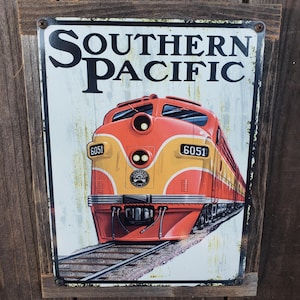 Vintage Southern Pacific Railroad Metal Sign Reclaimed Wood Frame FREE SHIPPING