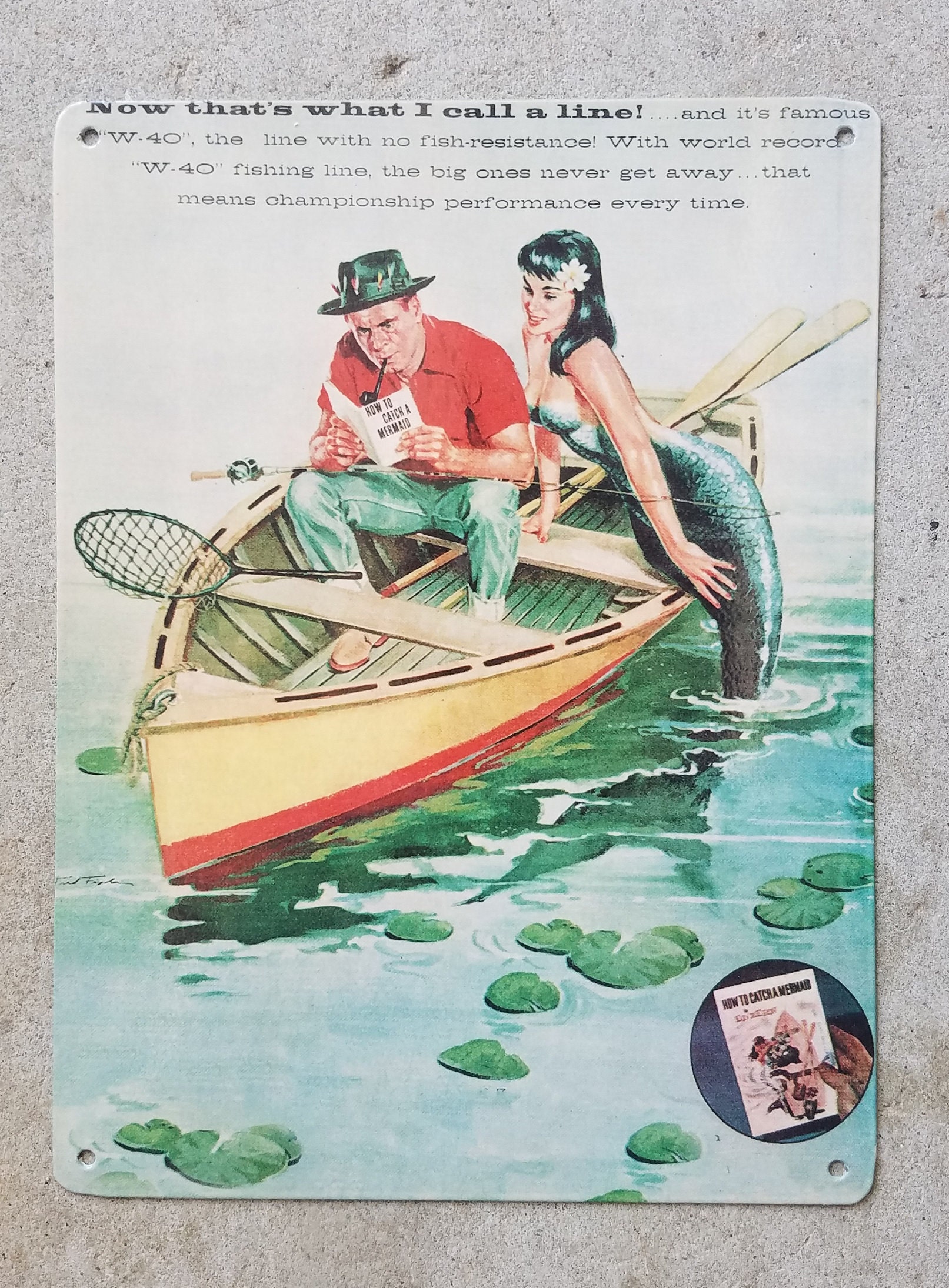 Vintage Mermaid Fishing Metal Sign Coastal Beach Bungalow Decor
