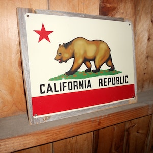 California  Bear Flag Metal Sign On Reclaimed Wood Frame