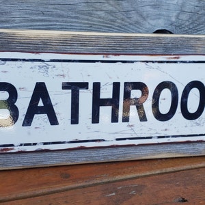 Bathroom Metal Sign Reclaimed Wood Frame FREE SHIPPING Rusty Vintage Style Framed Sign
