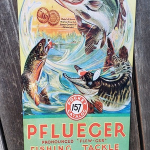 Vintage Plueger fishing tackle ad reproduction metal sign trout fishing decor