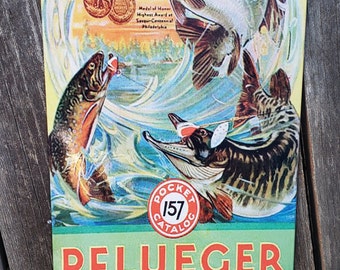 Vintage Plueger fishing tackle ad reproduction metal sign trout fishing decor