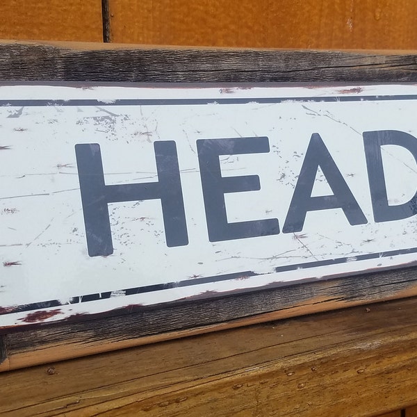 Head Metal Sign Boat Bathroom Decor Reclaimed Wood Frame Street Sign