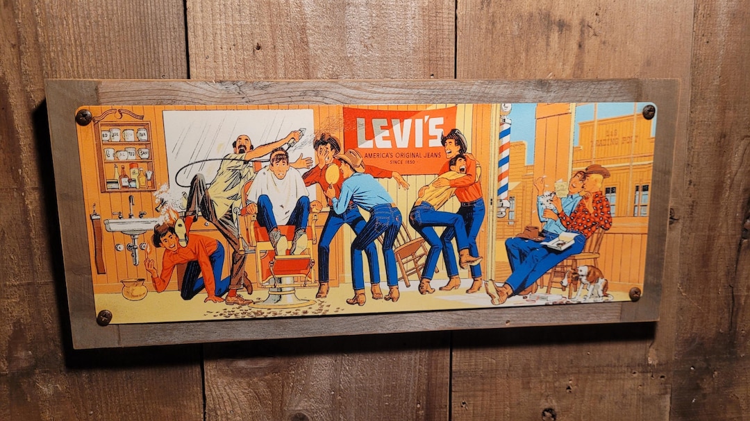 Vintage Levis Jeans Western Ad Reproduction Metal Sign Reclaimed