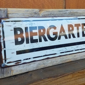 Biergarten Metal Street Sign On Reclaimed Wood Frame FREE SHIPPING