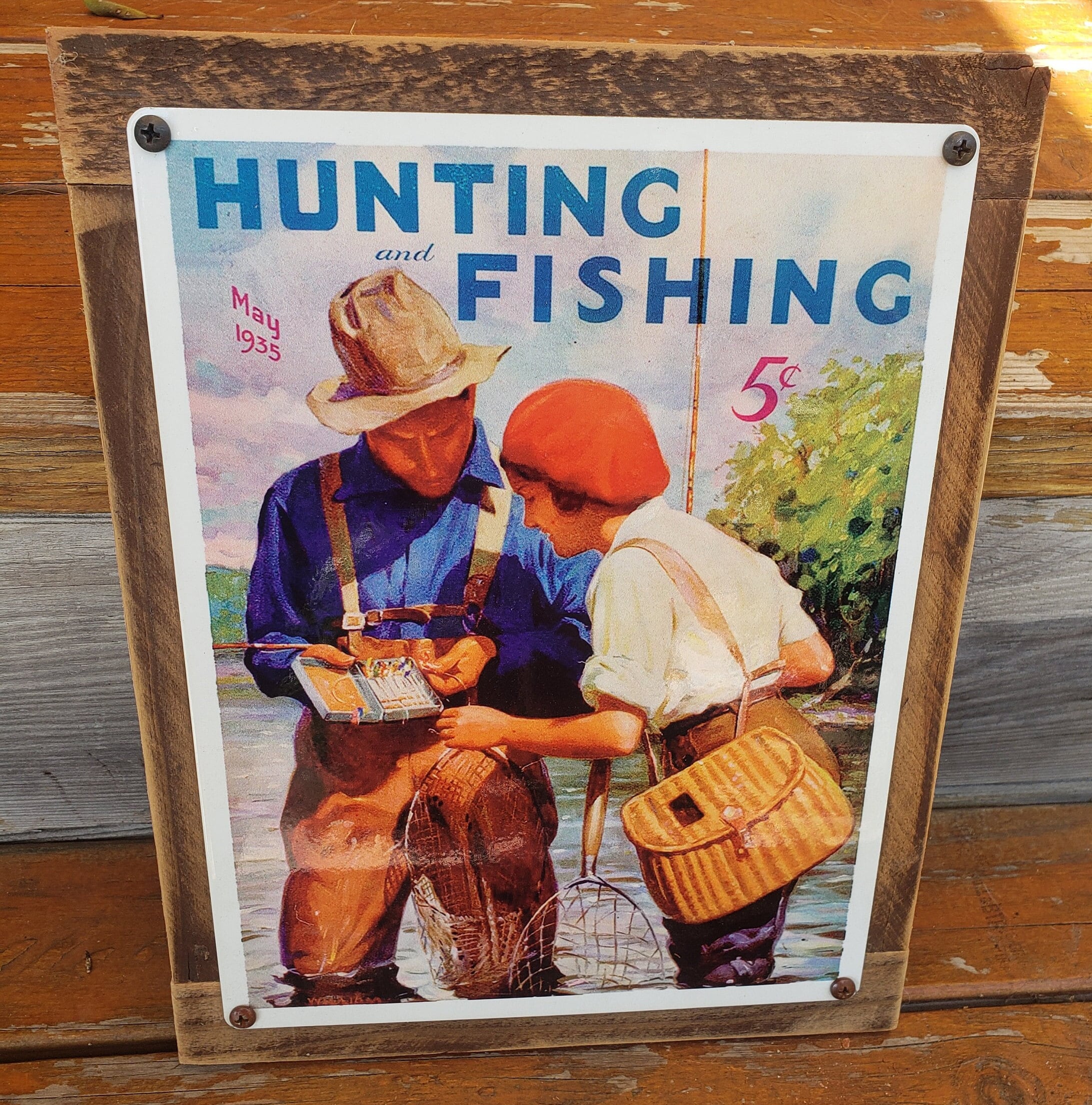 Vintage Hunting And Fishing Magazine Metal Sign Reclaimed Wood Frame