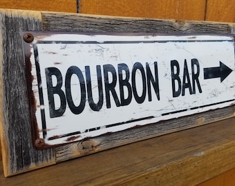 Bourbon Bar Metal Street Sign Reclaimed Wood Frame FREE SHIPPING