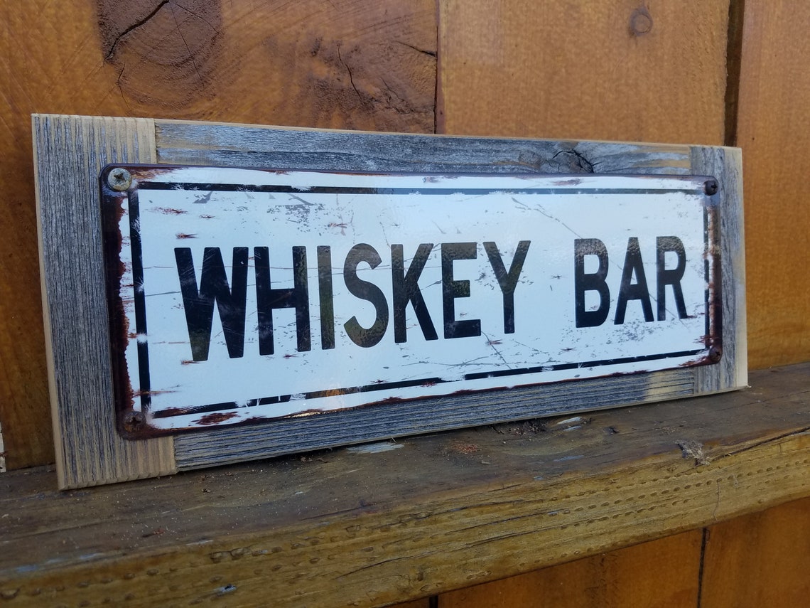Whiskey Bar Metal Sign Reclaimed Wood Frame FREE SHIPPING - Etsy
