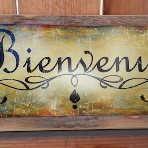 Plaque de rue en métal Bienvenue, cadre en bois de récupération, livraison gratuite