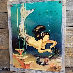 Undersea Topless Mermaid Metal Sign Barn Wood Frame Coastal Decor