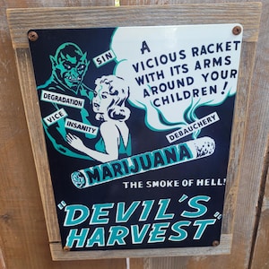 Devils Harvest Marijuana Metal Sign Recycled Wood Frame FREE SHIPPING
