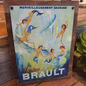 Affiche vintage Brault Champagne sirènes Plaque en métal, cadre en bois de récupération