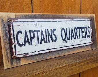 Captains Quarters Metal Sign Boat Decor Reclaimed Wood Frame Street Sign