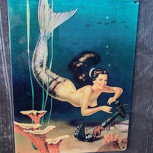 Vintage mermaid undersea art coastal decorative metal sign reproduction