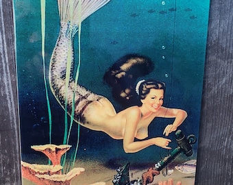 Vintage mermaid undersea art coastal decorative metal sign reproduction
