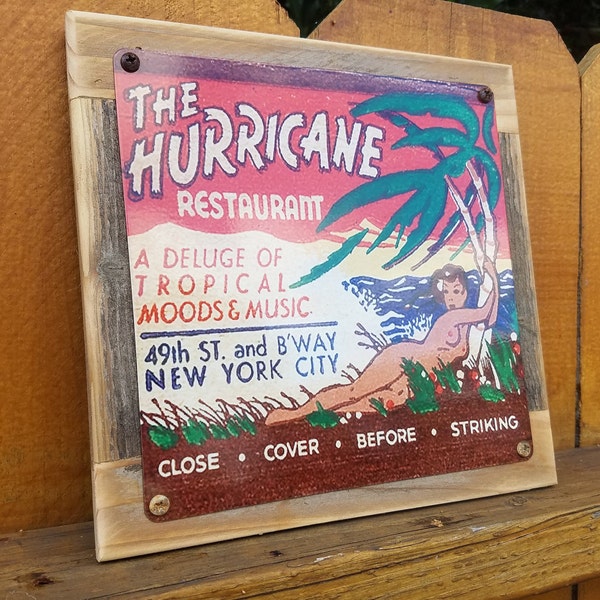 Hurricane Match Book Metal Sign Reclaimed Wood Frame FREE SHIPPING