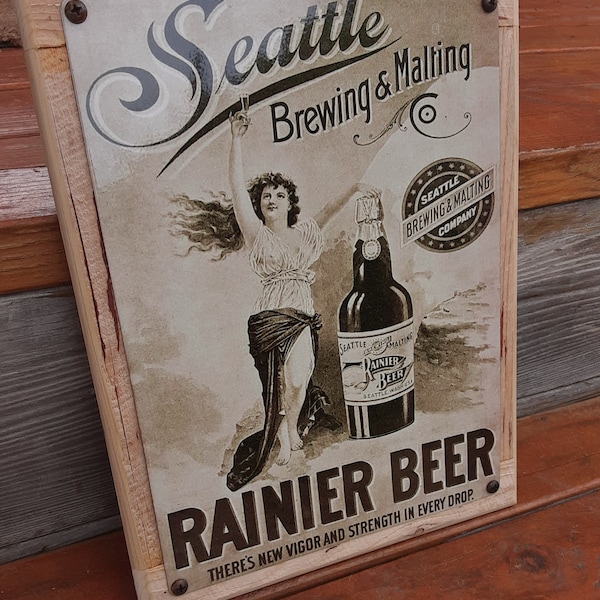 Vintage Seattle Rainier Beer Reproduction Metal Sign Barn Wood Frame FREE SHIPPING