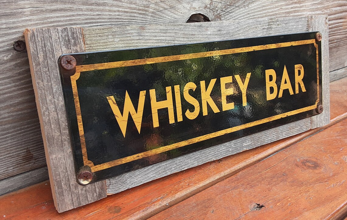 Whiskey Bar Metal Sign Reclaimed Wood Frame FREE SHIPPING Etsy