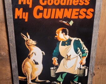 Vintage Kangaroo Guinness Stout Ad Metal Sign Reclaimed Wood Frame