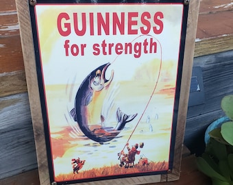 Vintage Guinness Fish For Strength Beer Ad Metal Sign Wood Frame FREE SHIPPING