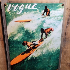 Vintage Vogue Cover Surfer Girl Metal Sign Reclaimed Wood Frame FREE SHIPPING image 1