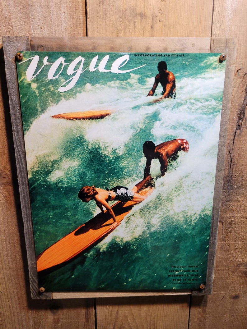 Vintage Vogue Cover Surfer Girl Metal Sign Reclaimed Wood Frame FREE SHIPPING image 1
