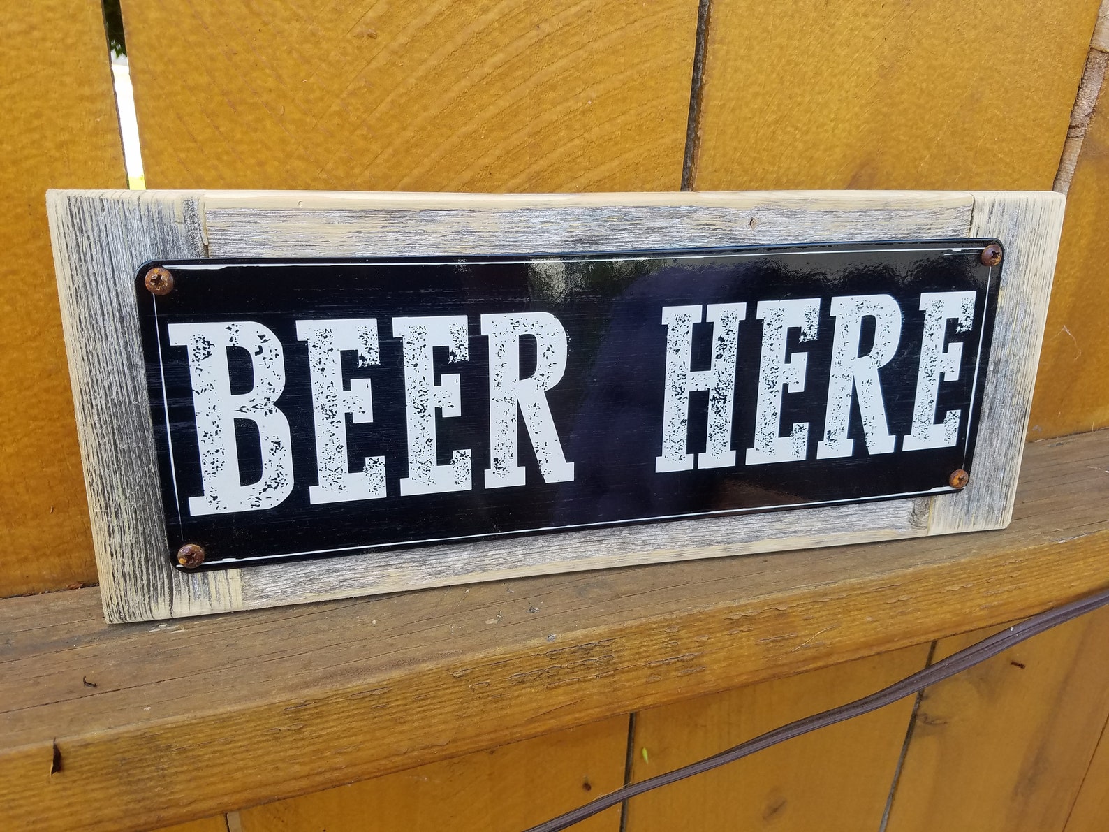 Beer Here Metal Sign Reclaimed Wood Frame FREE SHIPPING Etsy