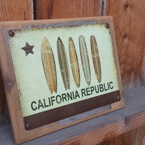 Recycled wood framed sign-California  Republic Flag with Surfboards