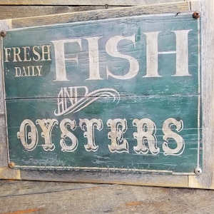 Fresh Fish And Oysters Metal Sign Barn Wood Frame Coastal Decor FREE SHIPPING
