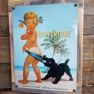 Coppertone Suntan Lotion Ad Metal Sign Barn Wood Frame Coastal Decor