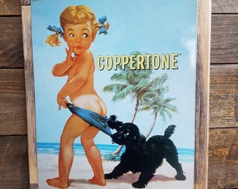 Coppertone Suntan Lotion Ad Metal Sign Barn Wood Frame Coastal Decor