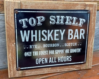 Customizable Whiskey Bar Metal Sign Vintage Style Wood Framed FREE SHIPPING Bar Decor
