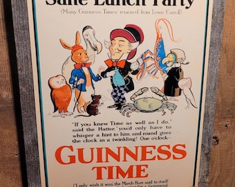 Vintage Mad Hatter Guinness Stout Ad Metal Sign Reclaimed Wood Frame