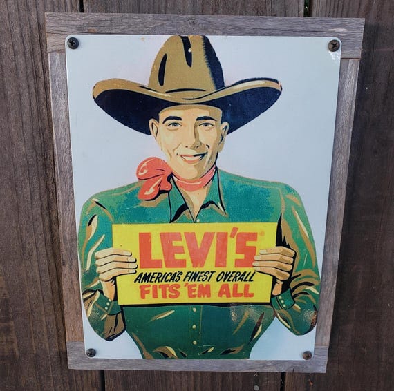 Vintage Levi Strauss Overalls Metal Sign Reclaimed Wood Frame FREE