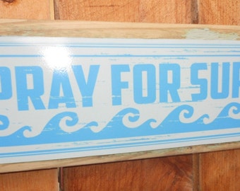 Pray For Surf Metal Sign Reclaimed Barn Wood Frame Beach Decor