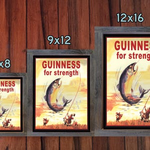 May include: Three framed vintage advertisements for Guinness beer. Each ad features a cartoon illustration of a fish being caught on a fishing line. The text on each ad reads "GUINNESS for strength". The frames are different sizes: 6x8 inches, 9x12 inches, and 12x16 inches.