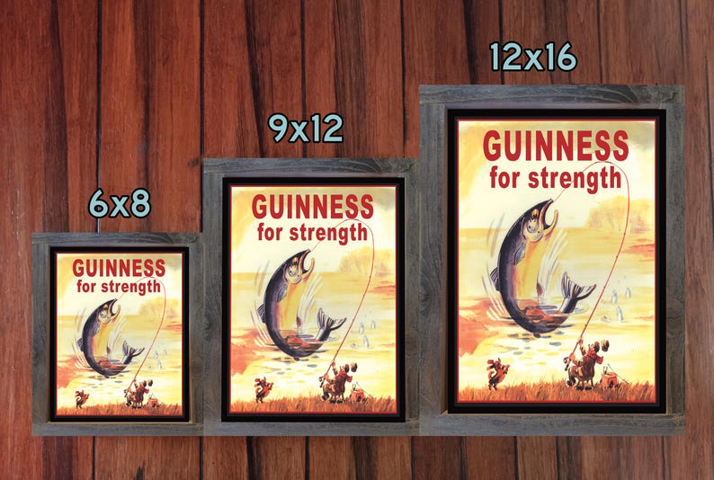 May include: Three framed vintage advertisements for Guinness beer. Each ad features a cartoon illustration of a fish being caught on a fishing line. The text on each ad reads "GUINNESS for strength". The frames are different sizes: 6x8 inches, 9x12 inches, and 12x16 inches.