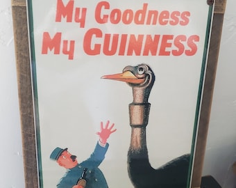 Vintage Ostrich Guinness Stout Ad Metal Sign Wood Frame FREE SHIPPING