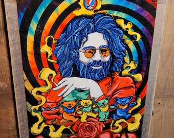 Vintage Jerry Garcia Dancing Bears Grateful Dead Metal Sign Reclaimed Wood Frame