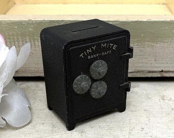 Small Vintage Metal Bank WITH COMBINATION Three Knobs Tiny Mite Bank-Safe Antique Coin Money Savings Bank