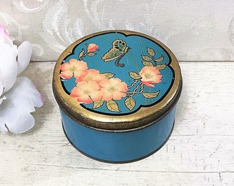 Beautiful Antique Tindeco Tin Box Bright Blue w Pink Flowers and Butterfly Art, Powder Size, Vintage Vanity, c 1920s