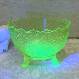 Antique Uranium Glass Bowl w Maple Leaf Motifs, Footed Vaseline Glass Bowl, possibly late 1800s, Lights Up under Black Light