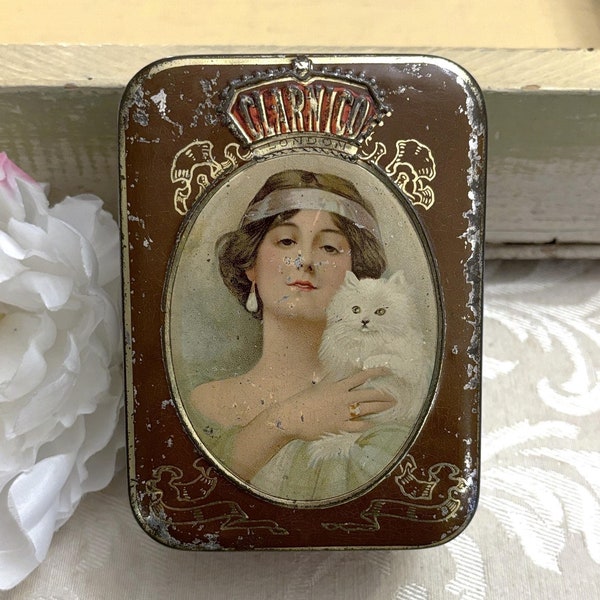 Beautiful Small Antique Candy Tin Pretty Lady w White Cat Kitten c 1920s Flapper Look Vintage Confectionery Tin