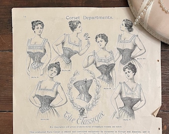 Ilustraciones de corsés de mediados a finales del siglo XIX. Catálogo o página de revista. Corsé de París. Ropa interior de la época victoriana. Arte de revistas de ropa interior.