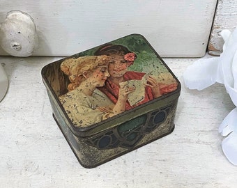 Small Antique Tea Tin with Pretty Young Ladies Spanish Language Lipton Tea Tin Small Art Nouveau Trinket Box c 1910