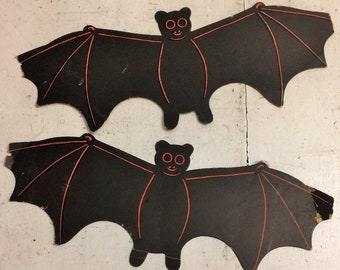 2 Shabby Vintage Black Bats, Halloween Decoration, Antique Cardboard Bats, Spooky Décor Black Orange c 1930s 1940s, Vintage