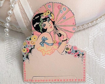 Beautiful Tiny Flapper Girl Antique Die Cut Place Card c 1920s Pretty Lady Pink Parasol Vintage Party Table Décor Small Placecard UNUSED