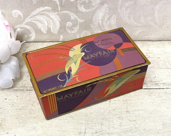 Antique Art Deco Chocolates Tin Orange & Purple Stylized Graphics Mayfair Vintage Candy Tin Box c 1920s to 1930s NICE EXAMPLE