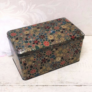 Antique Floral Montage Tin Box in Interesting Gray Beige Greige Color Teal Blue Flowers c 1920s Vintage Keepsake Box